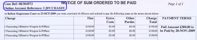 Image to indicate where on the form sent by Courts the user can find their Case Reference and Online Account Reference